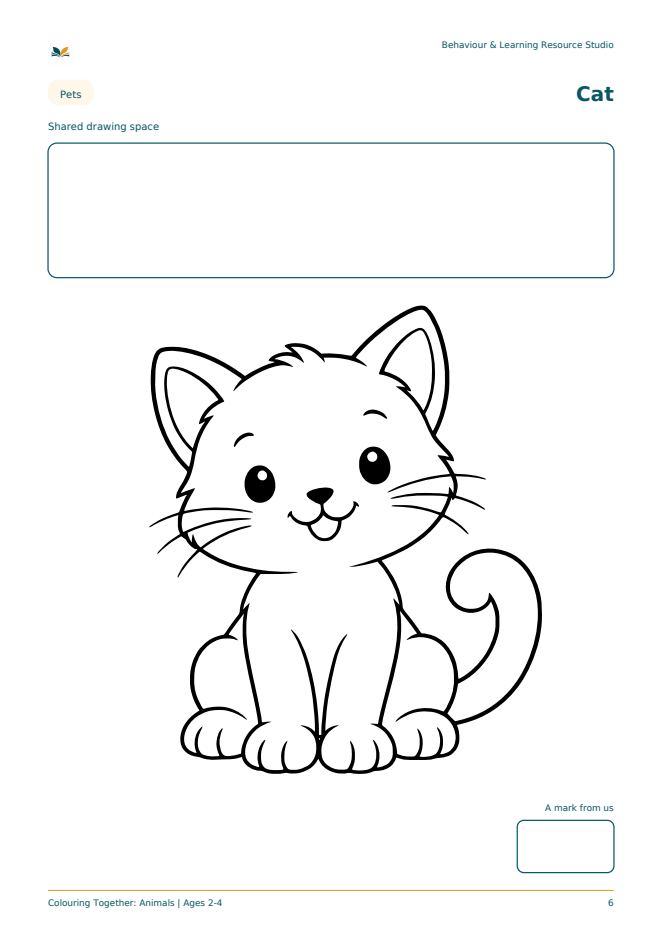 Inside preview: a cat colouring page with a shared drawing space