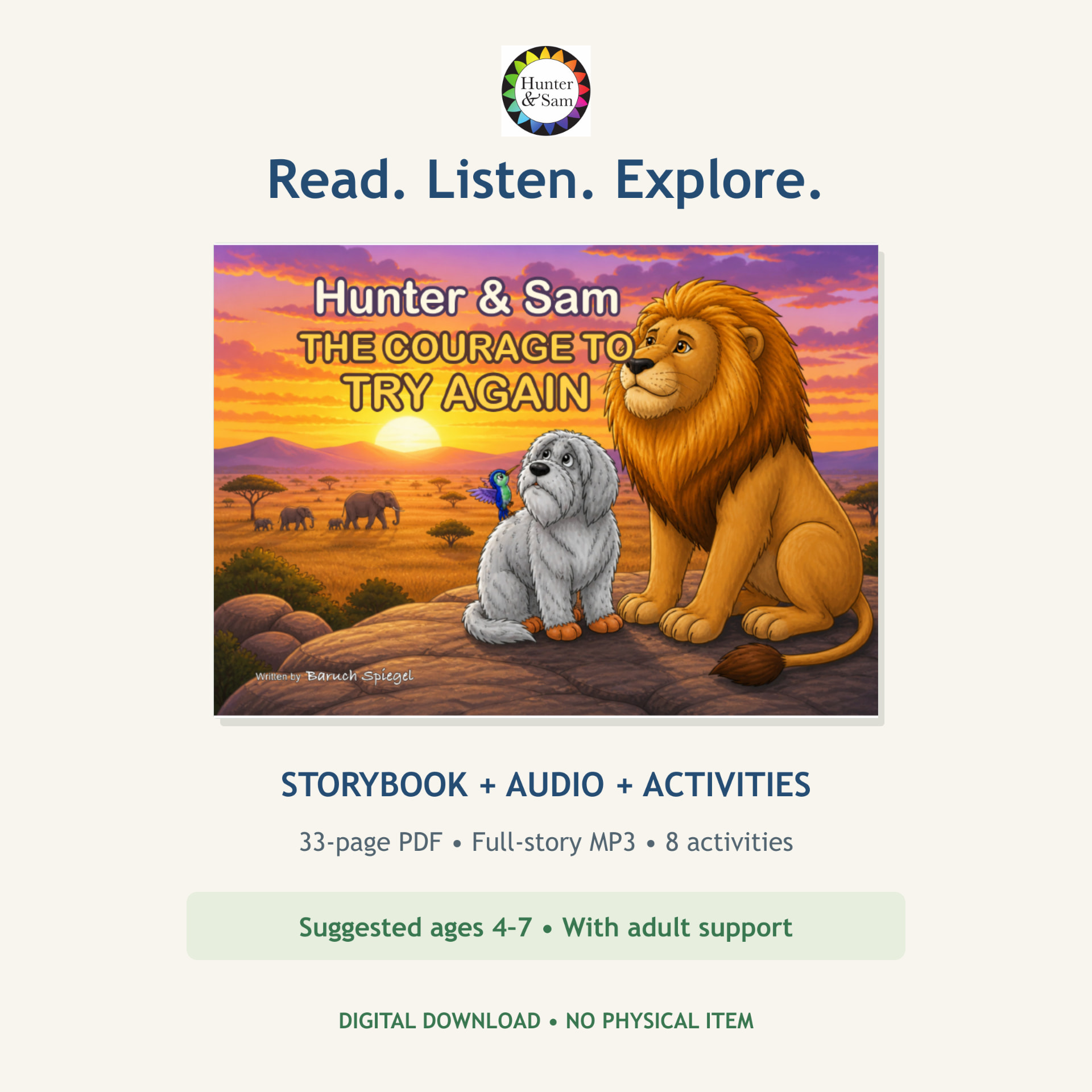 Hunter & Sam, book 7: The Courage to Try Again — storybook, audio and activities bundle