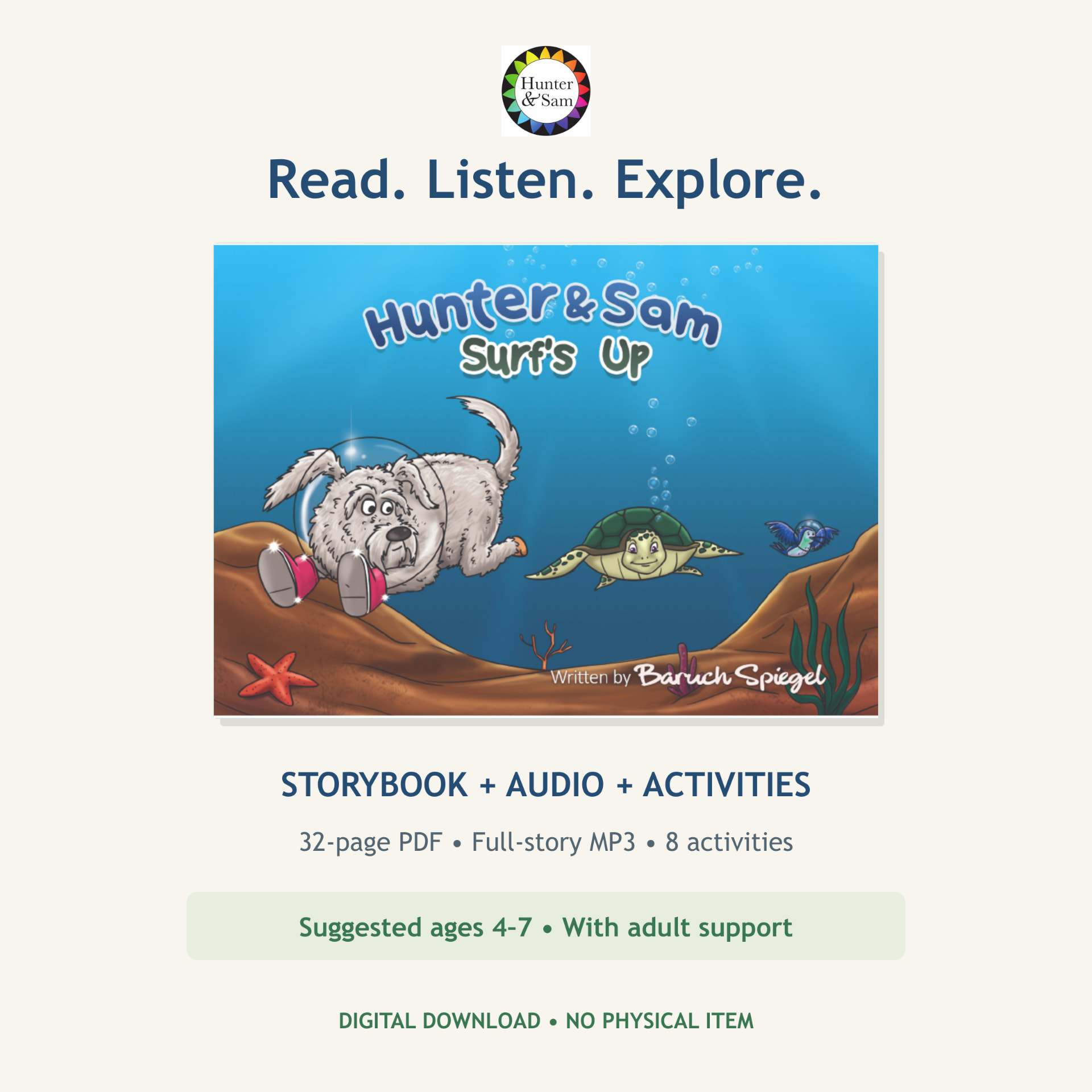 Hunter & Sam, book 6: Surf’s Up — storybook, audio and activities bundle