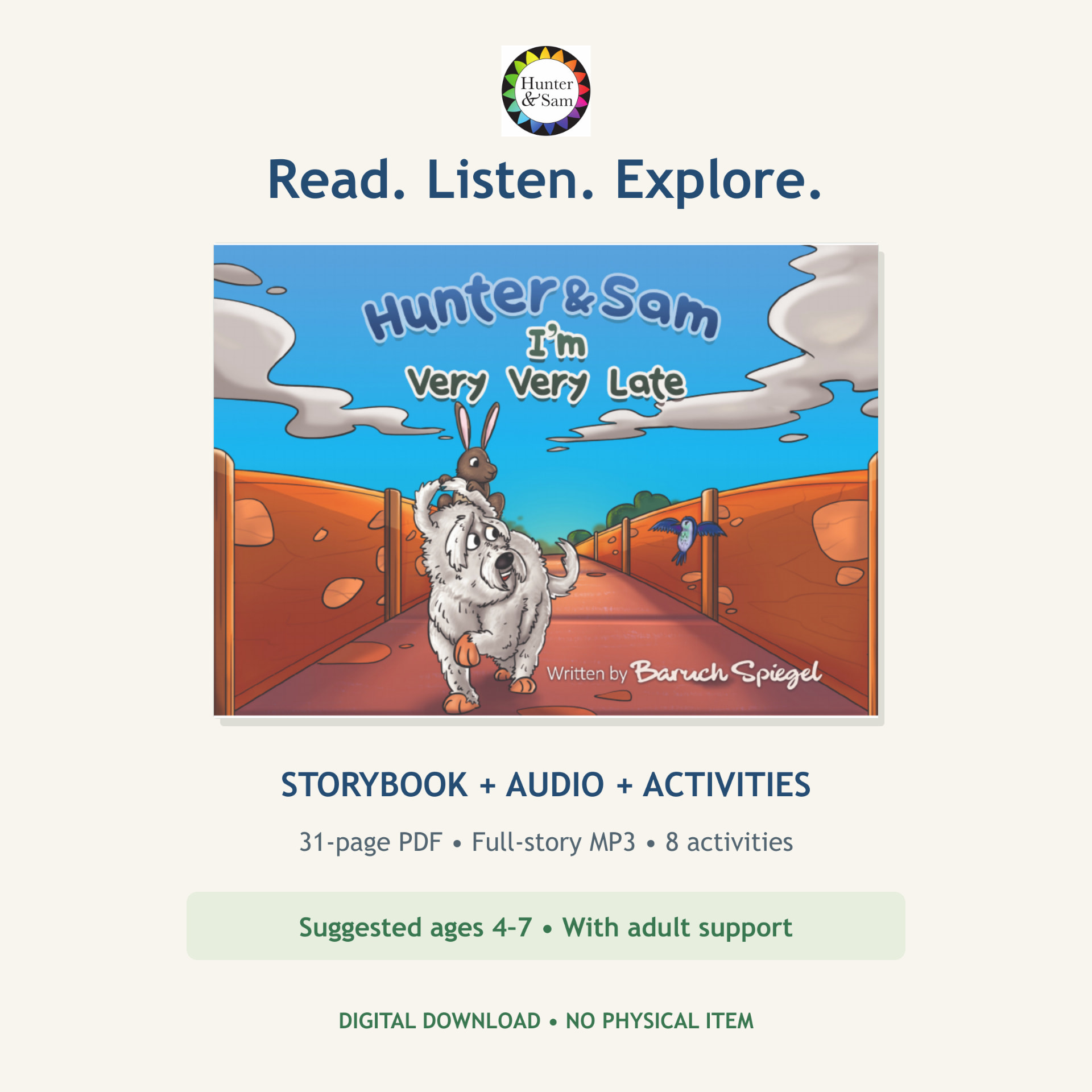 Hunter & Sam, book 5: I’m Very, Very Late — storybook, audio and activities bundle